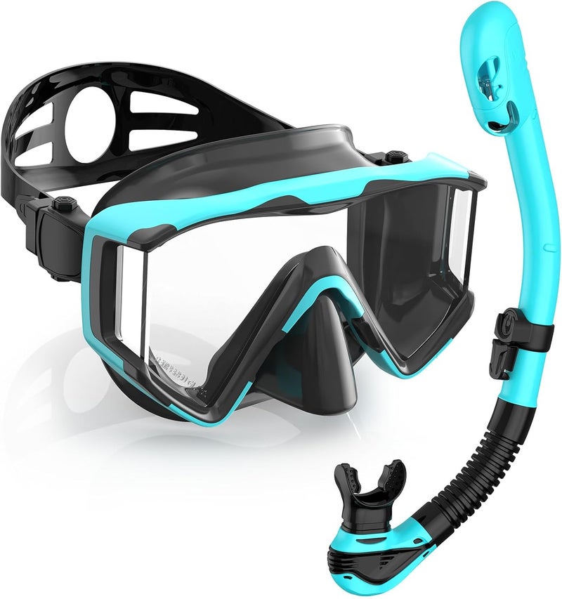Greatever Snorkel Set Pano 3 Window Snorkel Mask Adult, Panoramic Wide View, Anti-Fog Scuba Diving Mask, Anti-Leak Snorkel Goggles Dry Top Snorkel, Professional Snorkeling Gear for Adults - Image 1